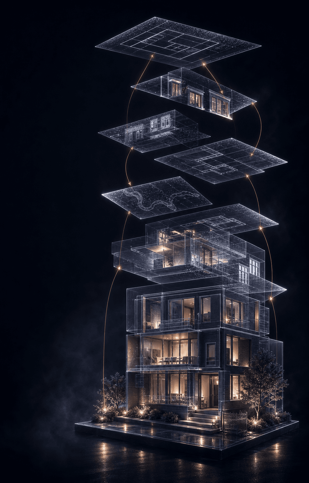 Layered housing evidence assembling into an apartment building